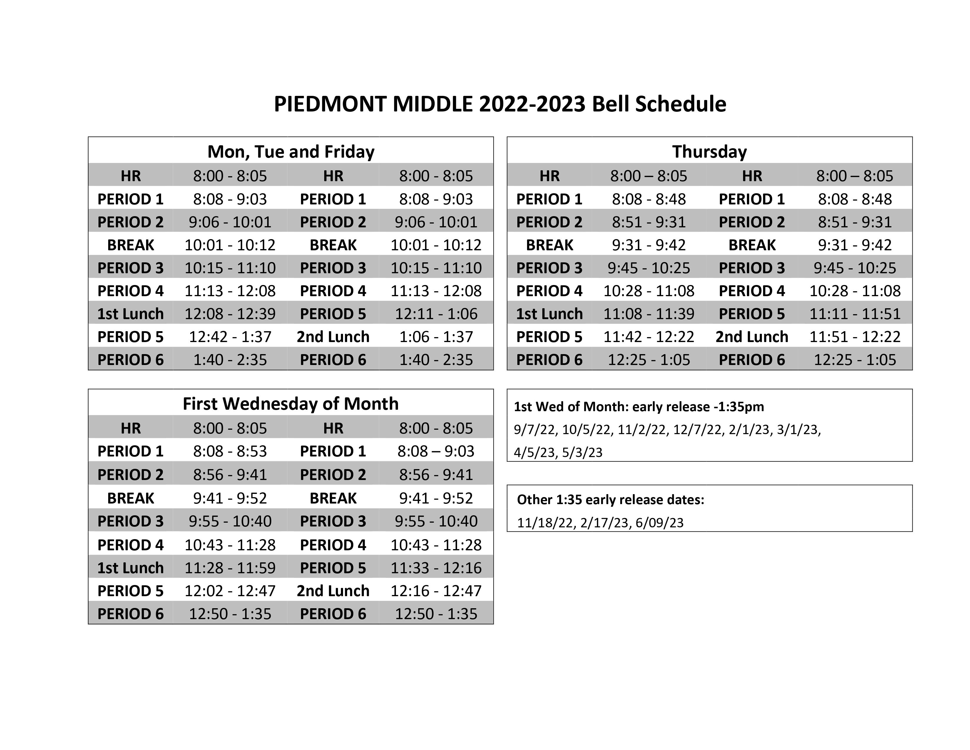 Piedmont Middle School Bell Schedule