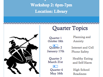 Parent workshops. Workshop 1, 8:30 to 9:30am. Workshop 2, 6pm to 7pm. Location: Library. Quarter Topics. Quarter 1,October 18th. Planning and Anxiety. Quarter 2, January 17th. Internet and Cell Phone Safety. Quarter 3, March 21st. Healthy Eating and Self-Harm. Quarter 4, May 16th. High School Readiness. Questions? Contac, Kayla Santos, ksantos@busd.net. Kylie Gomez, kgomez@busd.net. Oscar Lamas. elamas@busd.net.